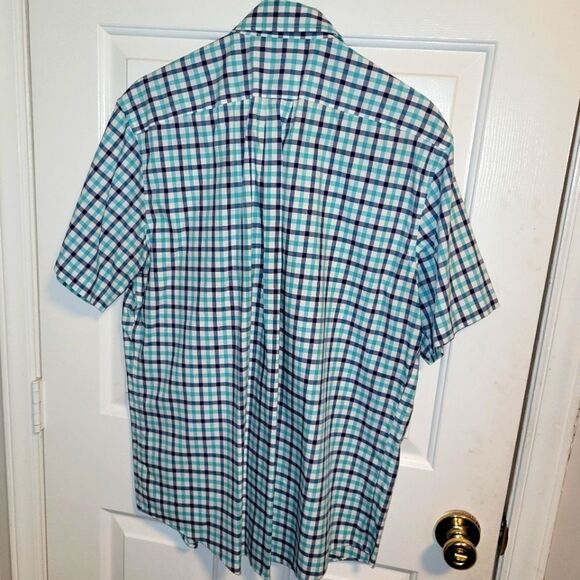 Land's End short sleeve Teal and Navy Plaid Button-down size L - Picture 2 of 3
